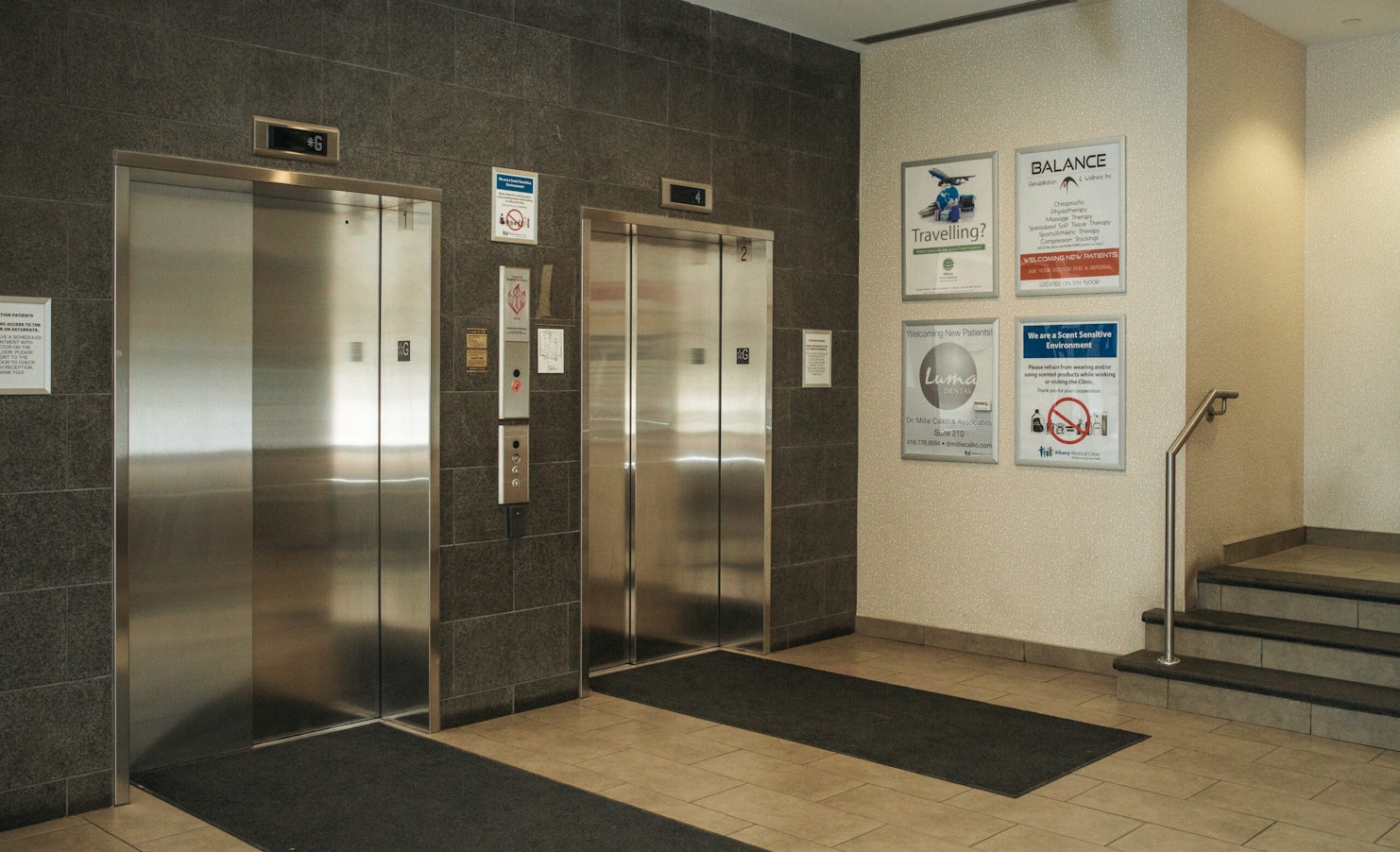 Photos of elevators inside Albany Medical Clinic